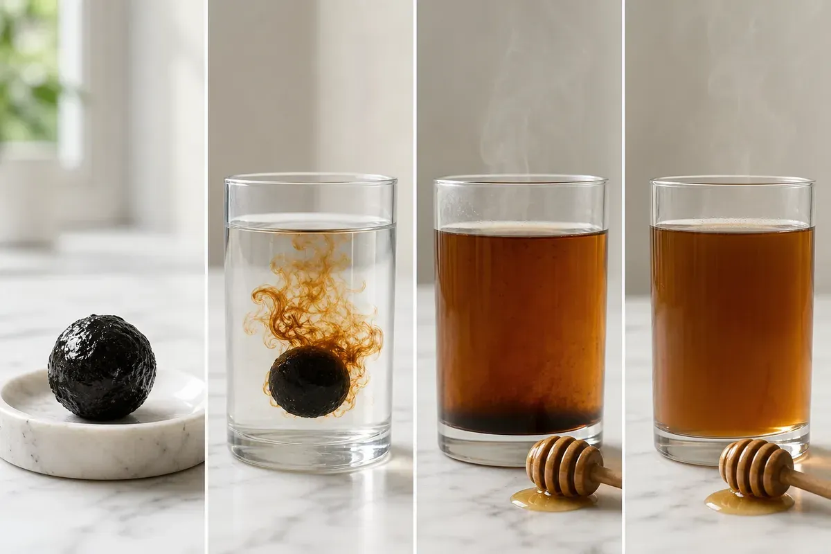 Shilajit dissous dans un verre d'eau tiède