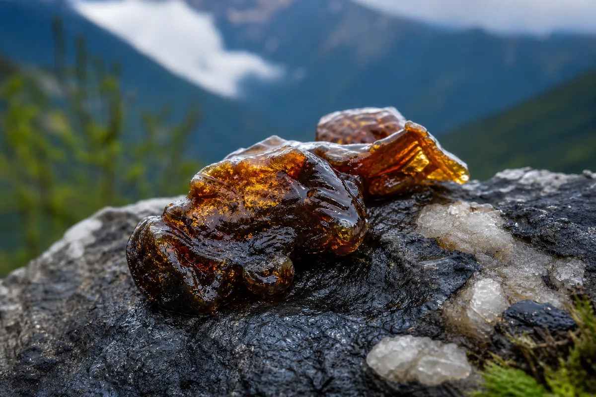 Résine de shilajit brute sur un rocher himalayen, avec vue sur les montagnes en arrière-plan
