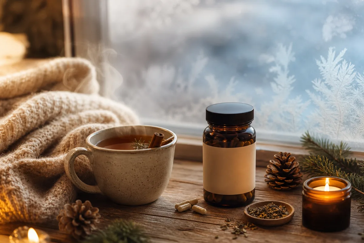 Ambiance hivernale cocooning avec thé chaud, illustrant le shilajit pour l'hiver