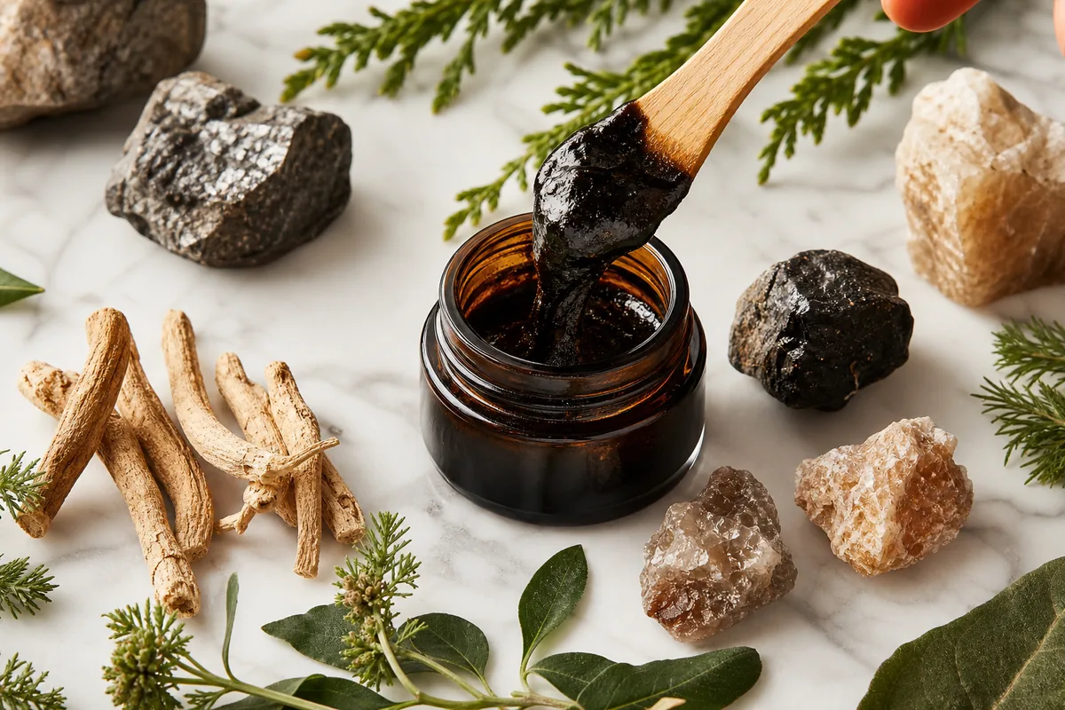 Pot en verre ambré avec spatule en bois contenant de la résine de shilajit, entouré de minéraux himalayens et de plantes médicinales sur marbre blanc